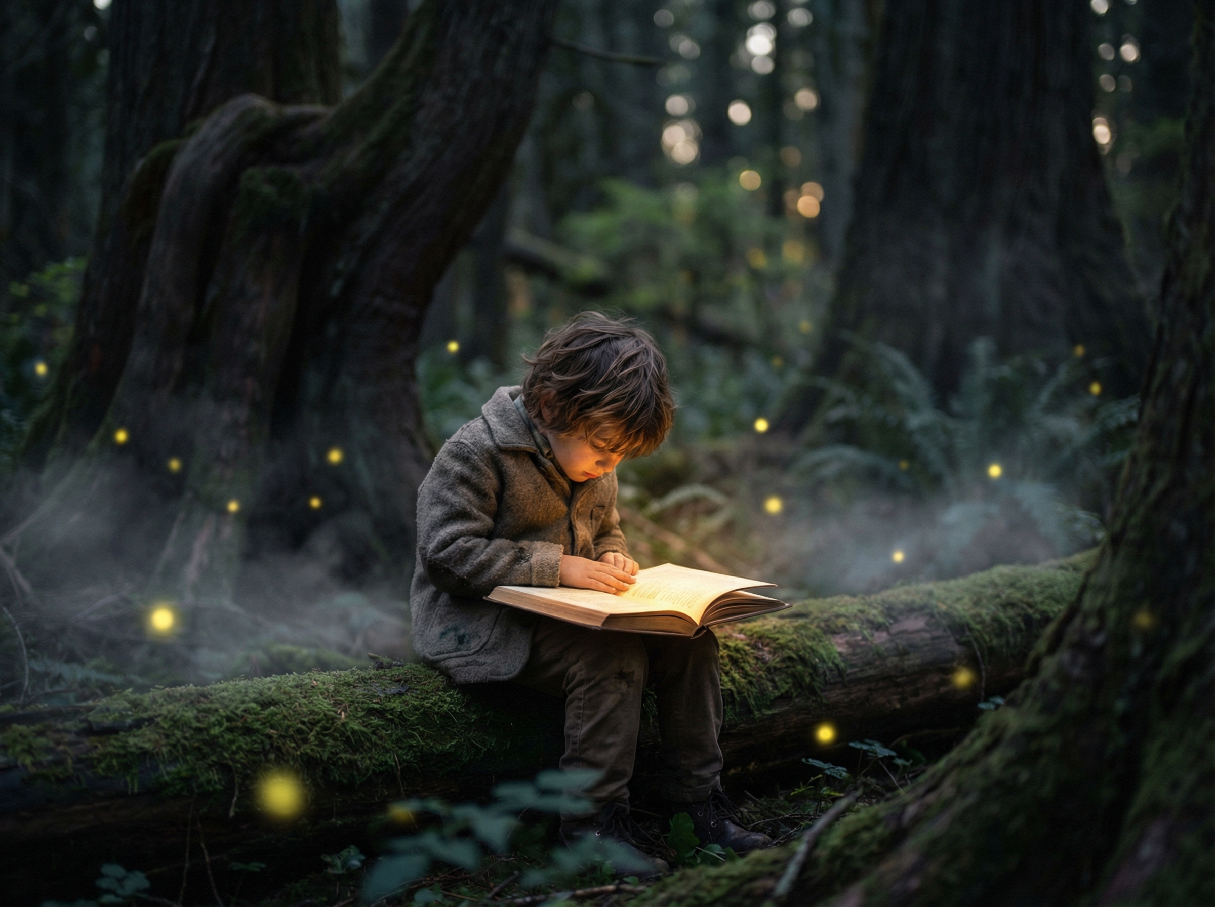 A child deeply engaged in reading a storybook with expressive illustrations, sitting in a cozy reading nook with warm lighting