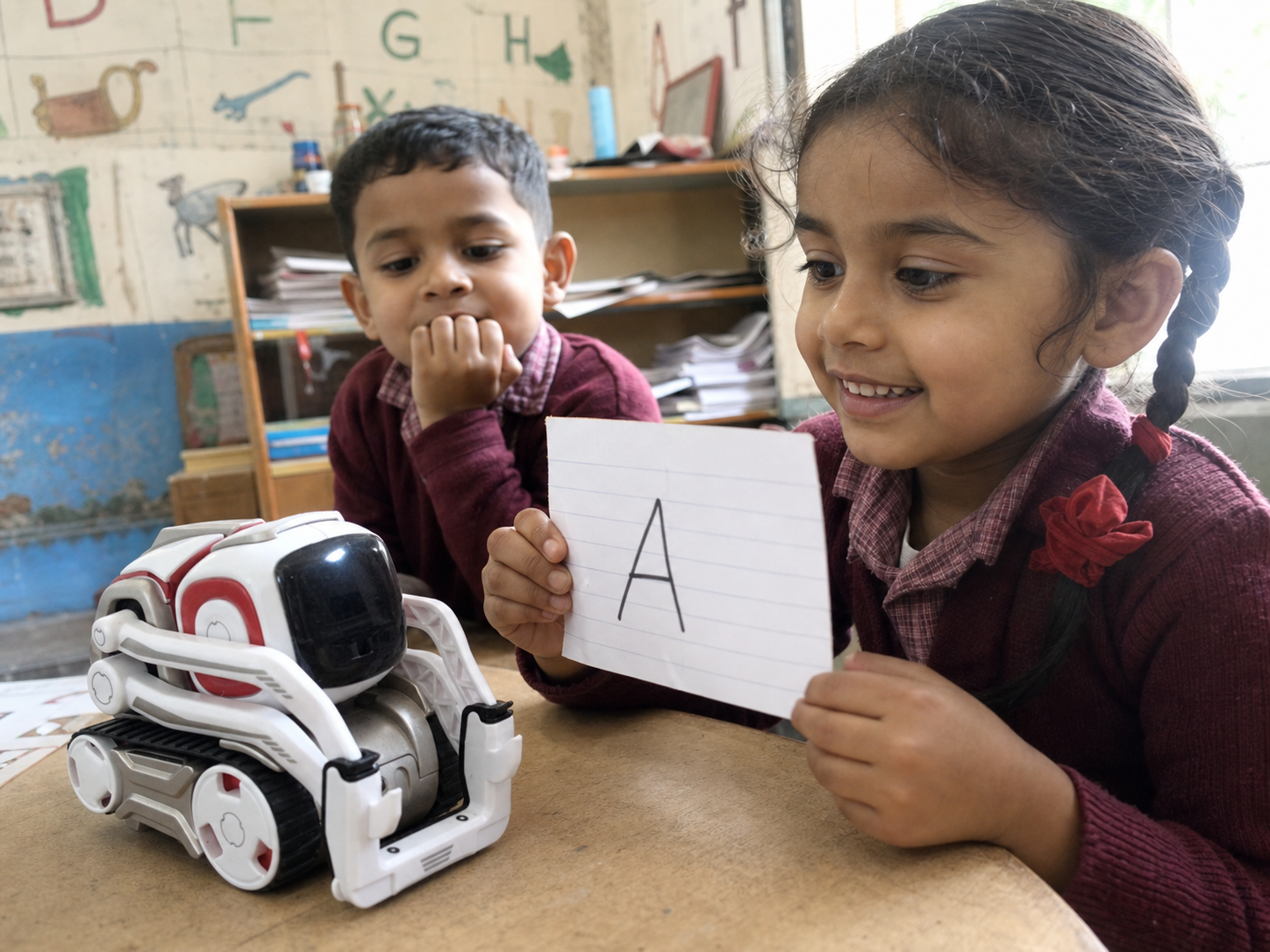 A young child holds up an alphabet flashcard to a small robot on a school desk
