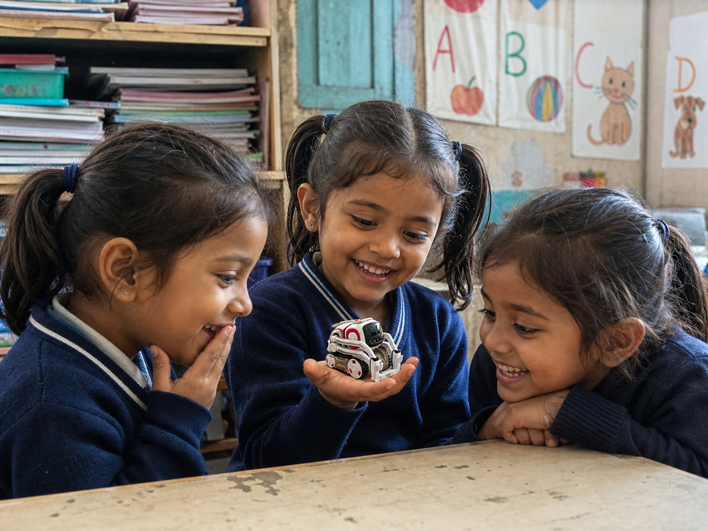 A young girl holds the tiny robot on her open palm while two friends lean in, delighted