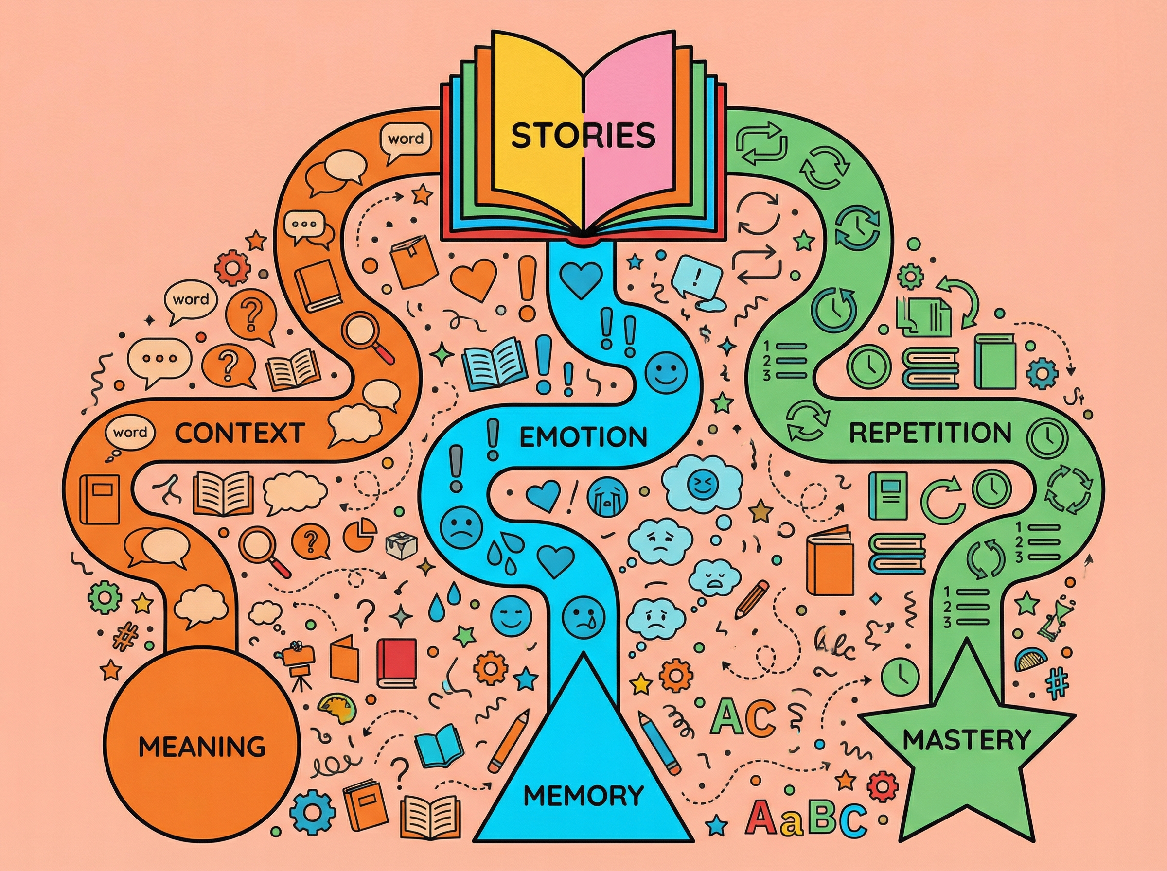 Illustration showing different ways stories help children build vocabulary through context, emotion, and repetition