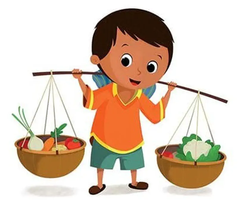 Boy carrying shoulder pole with two baskets full of harvested vegetables