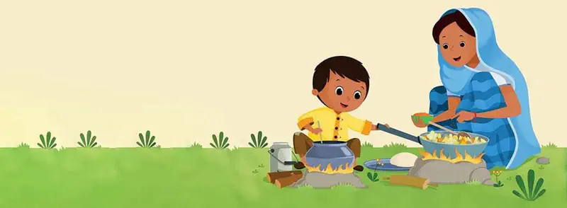 Boy and mother cooking outdoors on open fires with pot and pan