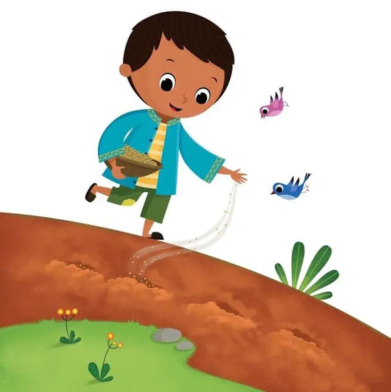 Boy scattering seeds from basket while colorful birds fly nearby