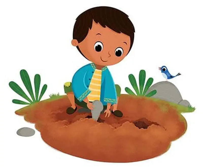 Boy in turquoise jacket kneeling in soil, digging holes while blue bird watches