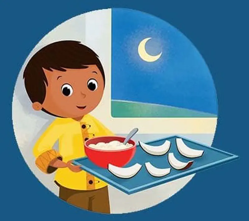 Boy carrying tray with dessert bowl and sweet dumplings at night