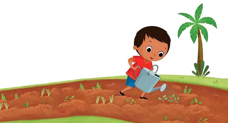 Boy in red shirt watering young seedlings with watering can near palm tree