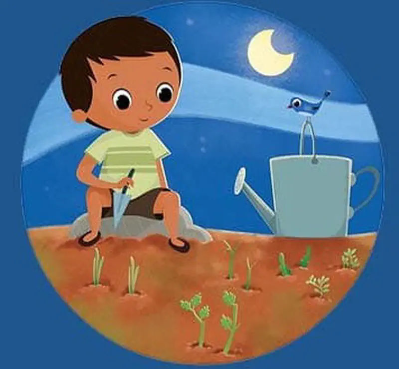 Boy sitting on rock in garden at night under crescent moon with watering can