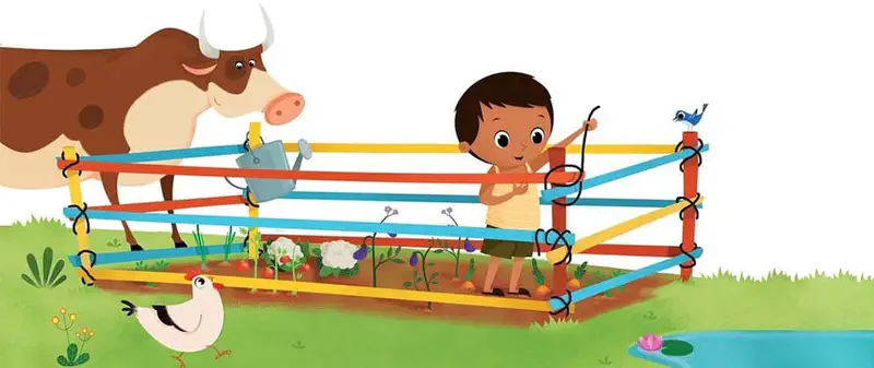 Boy inside colorful fence protecting garden from curious cow and chicken outside