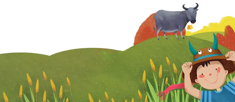 Boy wearing buffalo-horn hat in golden rice field with buffalo on hill behind