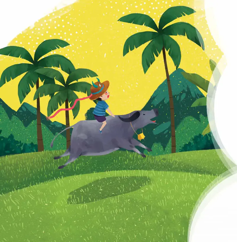 Boy riding running buffalo through palm trees with mountains behind