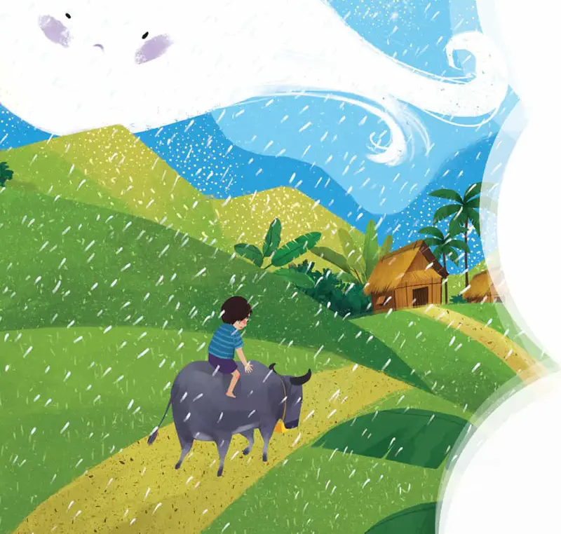 Boy riding buffalo in rain heading toward thatched hut as cloud blows wind