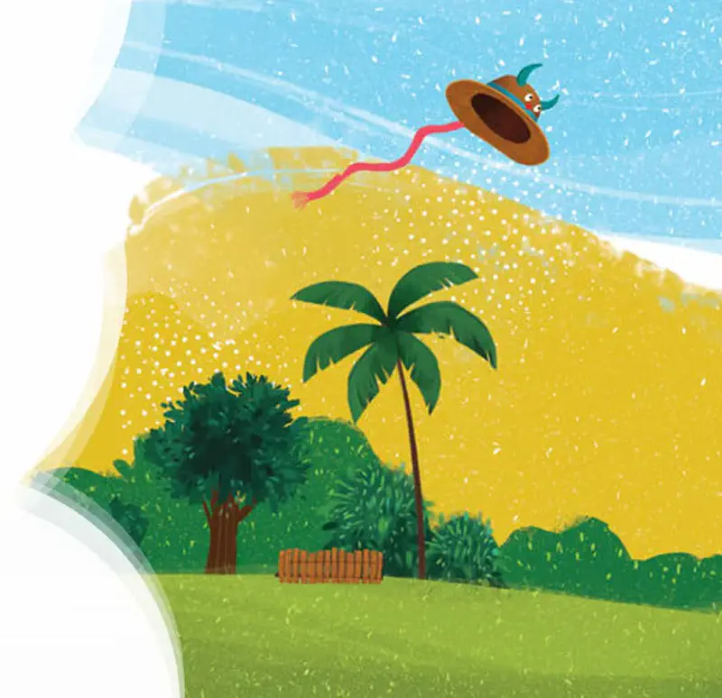 Buffalo-horn hat flying through air above palm trees in yellow sky