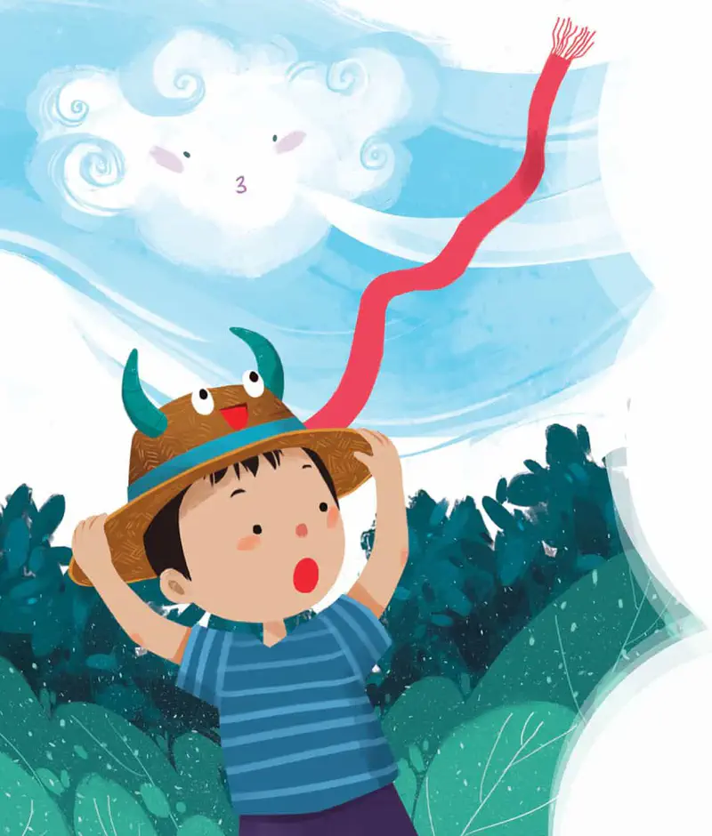 Boy holding onto hat as wind blows red ribbon, cloud face watching from sky
