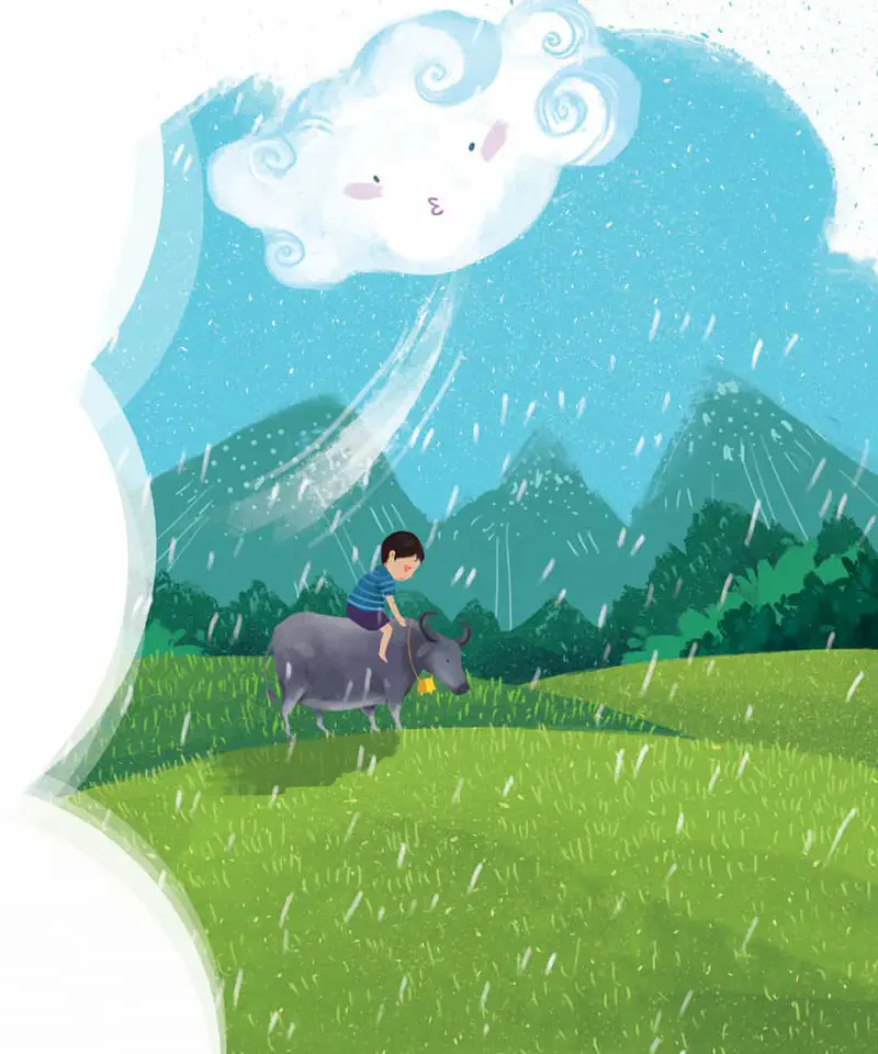 Boy riding buffalo in rain while cloud with face blows wind from above