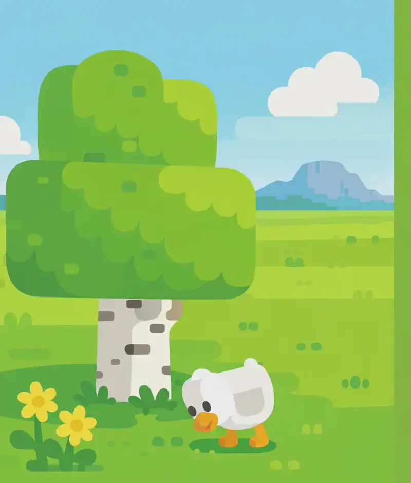A Minecraft plains biome landscape stretches across the scene, with a large birch tree on the left side and wide, flat grassland extending into the distance under a blue sky with scattered clouds. A low hill or mountain is visible in the far background. Small yellow flowers dot the bottom-left corner of the frame. A small chicken (Minecraft mob) pecks at the ground near the base of the birch tree on the left side of the image.