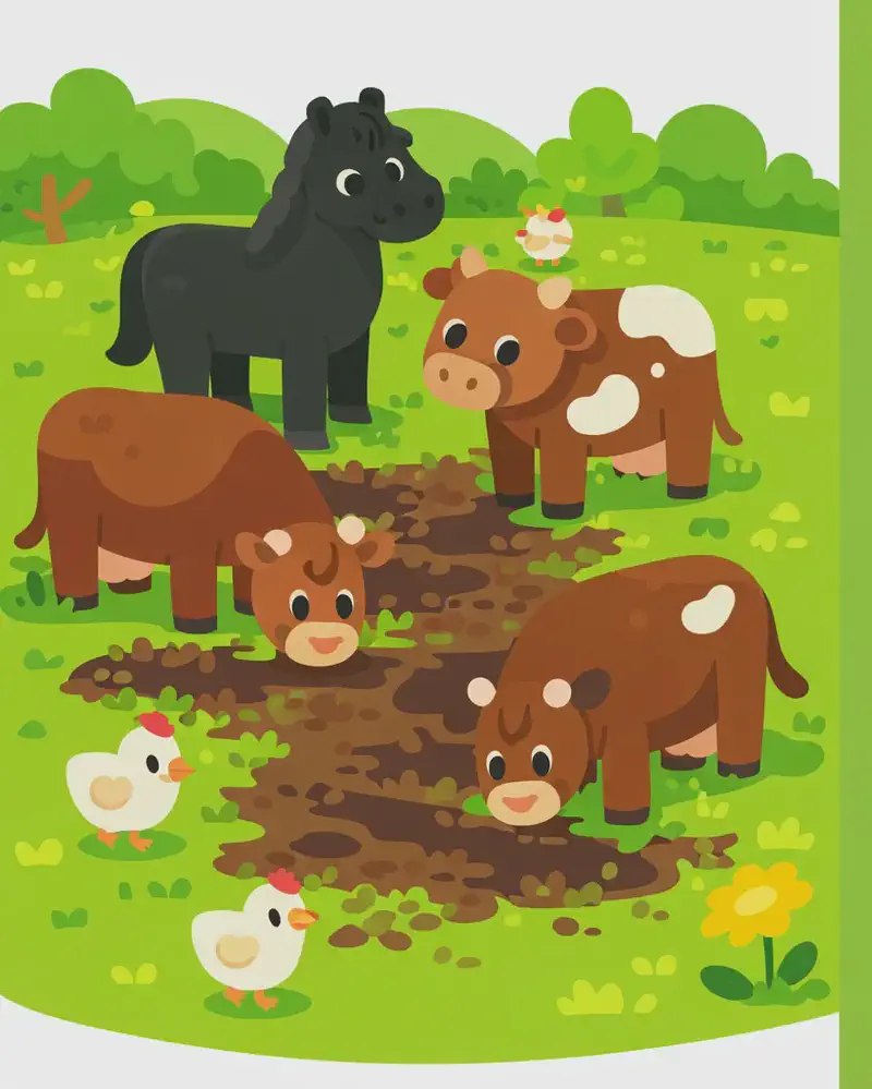 On the left side of the image, a group of horses and cows stand and graze on a green grassy field, their large hooves having churned up visible trails of dark, torn-up earth and mud beneath them. The scene is set outdoors on a bright day with trees and bushes in the background. A few small chickens are scattered around the edges of the scene, and a yellow flower is visible in the lower-right foreground. The right portion of the image is open green grass, providing clear space for text overlay.