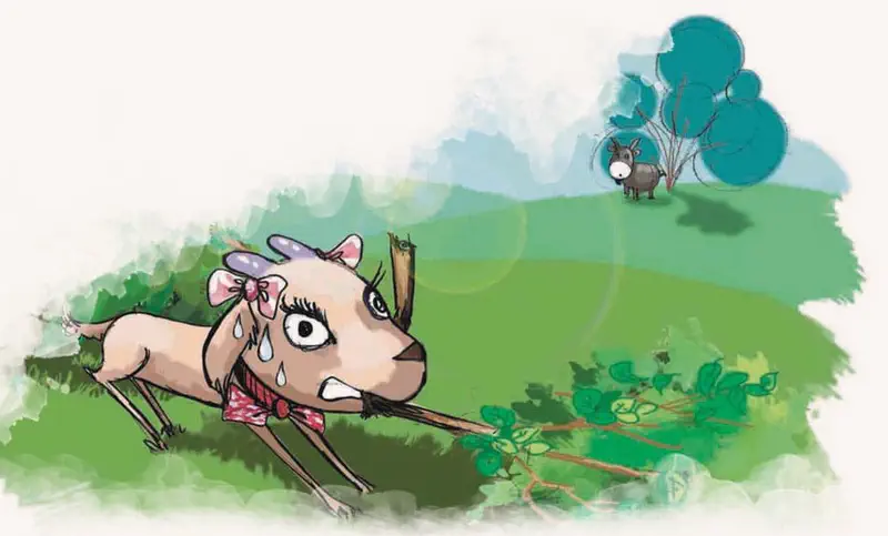 Sweating goat with pink bow dragging a branch while donkey watches from hilltop near tree