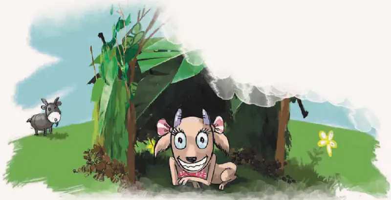 Happy goat with big smile resting inside her homemade leaf shelter as another goat watches