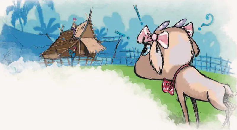 Curious goat with pink bow watching people build wooden house in village