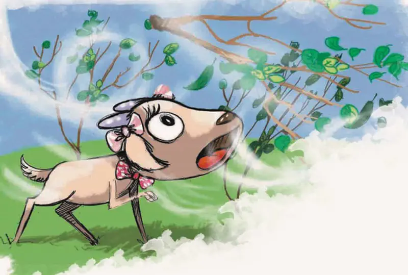 Startled goat panting near wilting shrubs blowing in wind on grassy hill