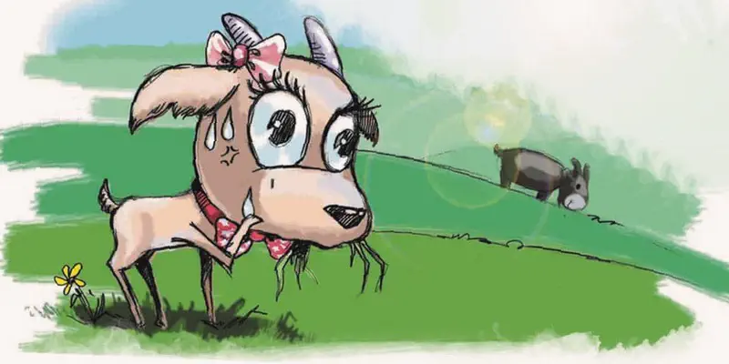 Sad crying goat with tears on grassy hill with yellow flower while donkey watches from distance