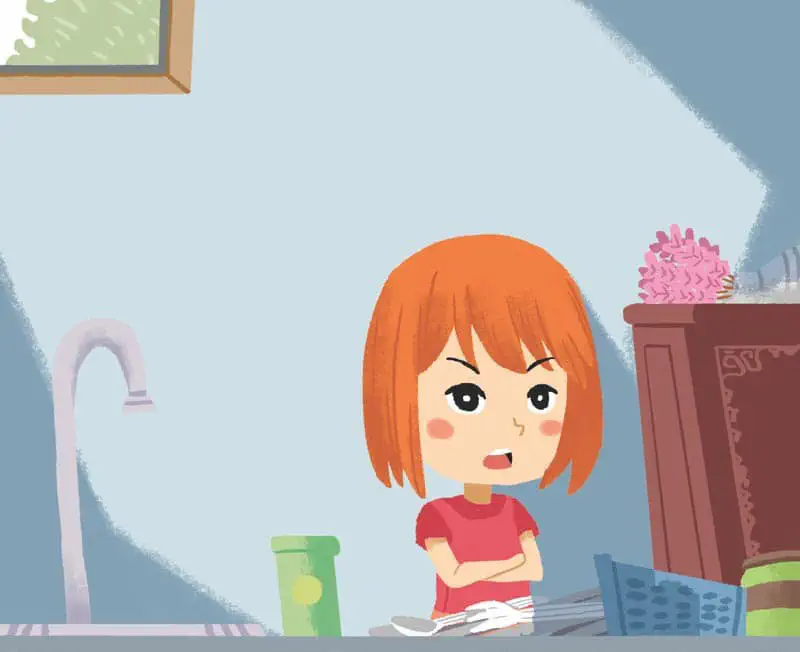 Red-haired girl looking annoyed with arms crossed in kitchen near messy counter