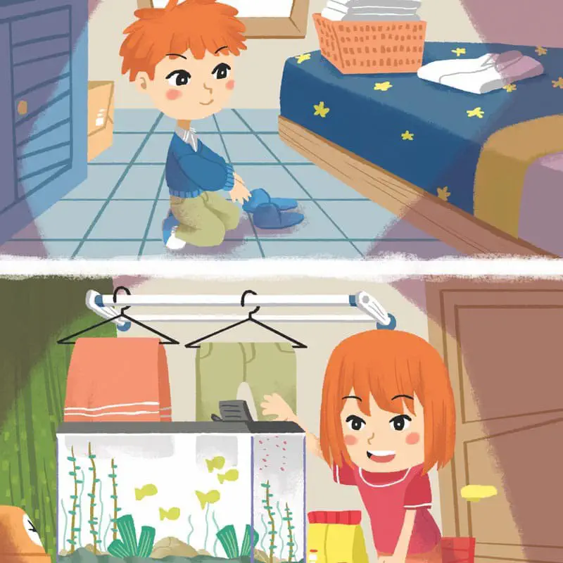 Split scene: boy tidying bedroom with blue bed, girl organizing closet near fish tank