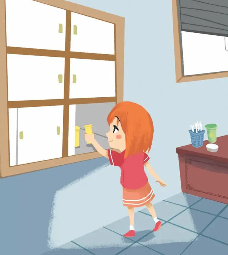 Girl cleaning kitchen cabinets with yellow sponge, utensils on counter nearby