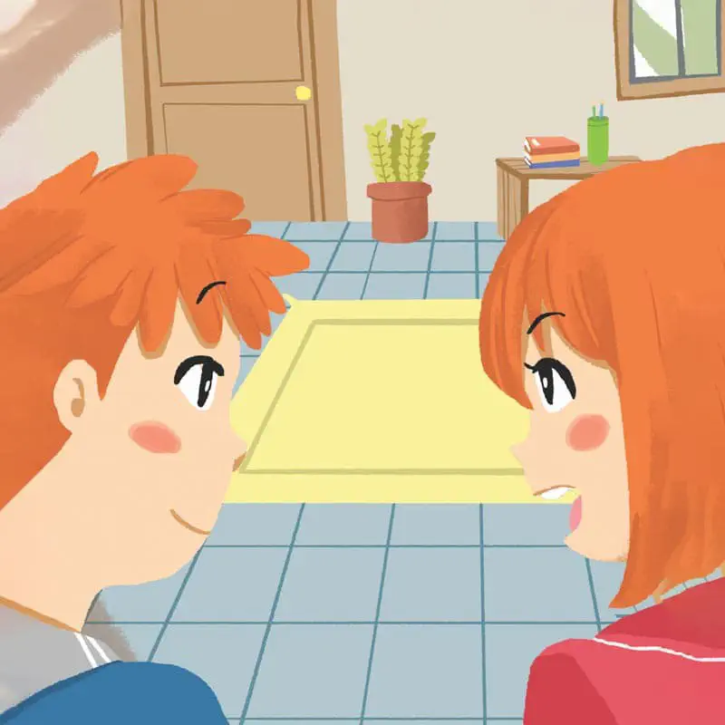 Close-up of brother and sister facing each other in tidy room with yellow rug