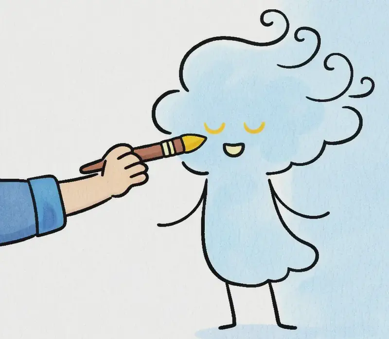 On the left side of the image, the Boy's arm extends from the left edge, holding a paintbrush dripping with yellow paint. He has just begun painting Girl Made of Air's face — only her closed, content crescent-shaped eyes and a small smile are visible as yellow paint marks against the blue sky background. Girl Made of Air appears serene, with her eyes gently closed as the Boy paints. The scene is set outdoors against a clear blue sky, with the right side left as open sky.