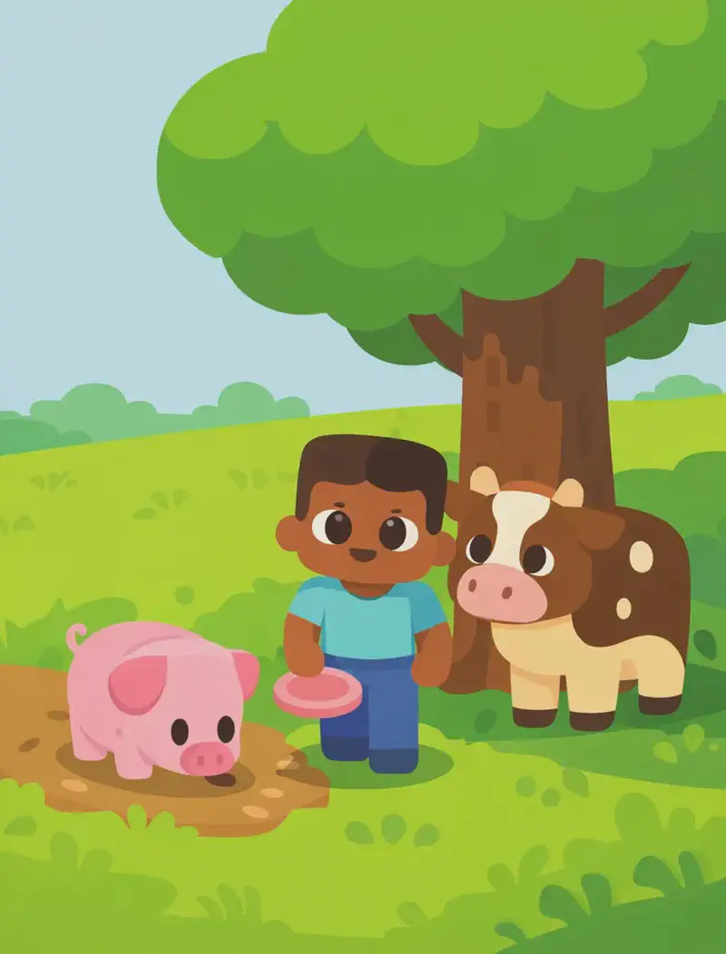 A Minecraft-style scene set in a sunny plains biome. In the center, a blocky human child with dark skin, short dark hair, a teal shirt, and blue pants stands facing forward, holding a round pink object in one hand. To the left of the child, a pink pig stands on a patch of bare dirt, snout lowered as it sniffs the ground. To the right, a brown-and-white cow stands beneath a large tree with a green leaf canopy, resting in the cool shade. The grassy landscape stretches out with small bushes and tufts of grass under a clear blue sky. The scene occupies the right half of the image; the left half is a solid warm yellow panel for text.