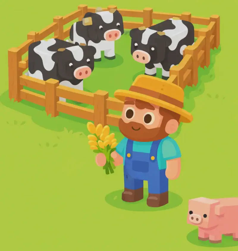 On the right side of the image, a Minecraft-style farmer character stands at a three-quarter angle facing the viewer, in front of a wooden-fenced pen containing several healthy black-and-white cows on a bright, sunny green pasture. The character holds a wheat item in one hand, looking toward the animals in the enclosure with a caring posture. The left side of the image is a plain green background suitable for text overlay. A pink pig stands near the bottom-right corner of the frame.