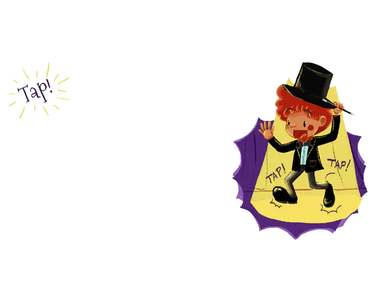 Red-haired marionette puppet in top hat and suit tap dancing on stage under yellow spotlight
