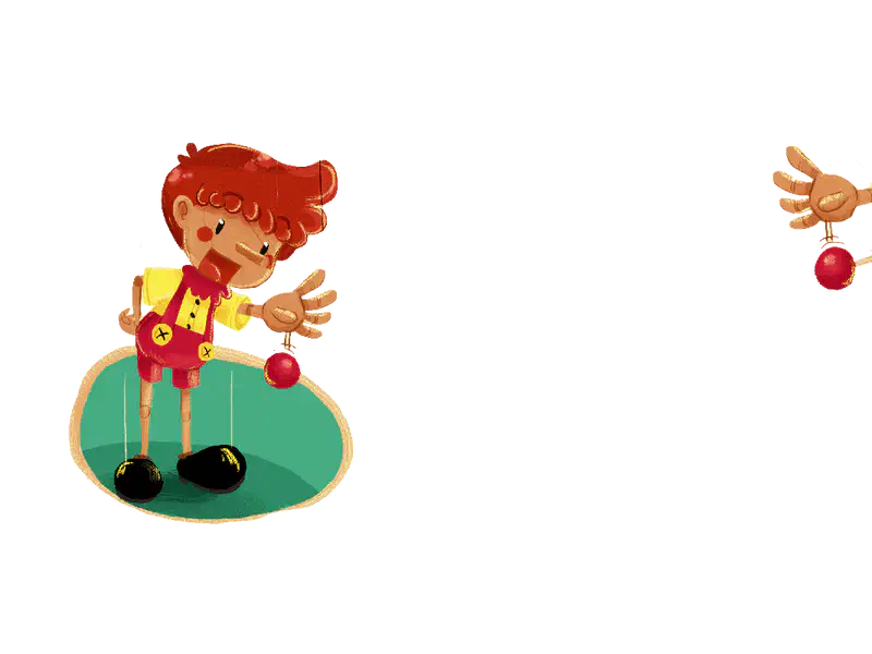 Red-haired puppet in yellow shirt catching red ball on green stage with hand reaching from side