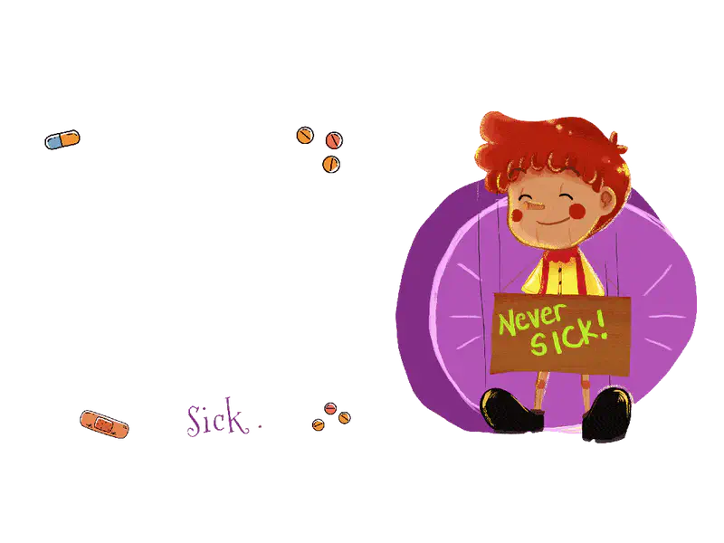 Red-haired puppet smiling holding sign reading Never Sick with pills and bandages scattered around