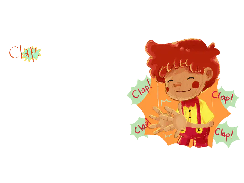 Red-haired puppet happily clapping hands with green speech bubbles showing Clap on orange background