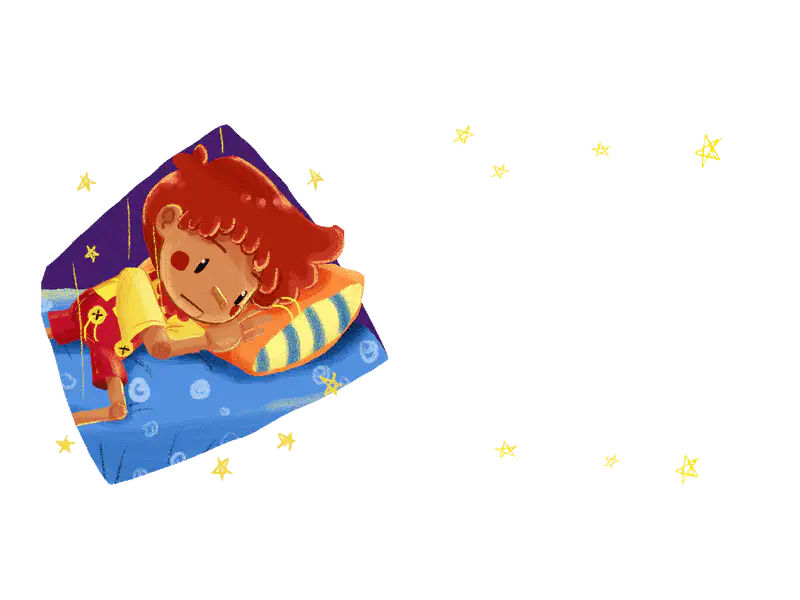 Red-haired puppet sleeping peacefully on striped pillow under blue blanket with yellow stars