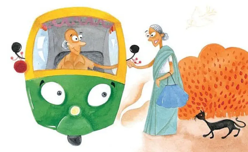 Elderly woman in teal sari greeting auto rickshaw driver with black cat nearby and orange bushes