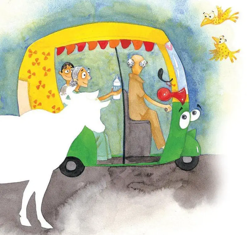 Cow offering milk bottle to passengers in green auto rickshaw while yellow birds fly overhead