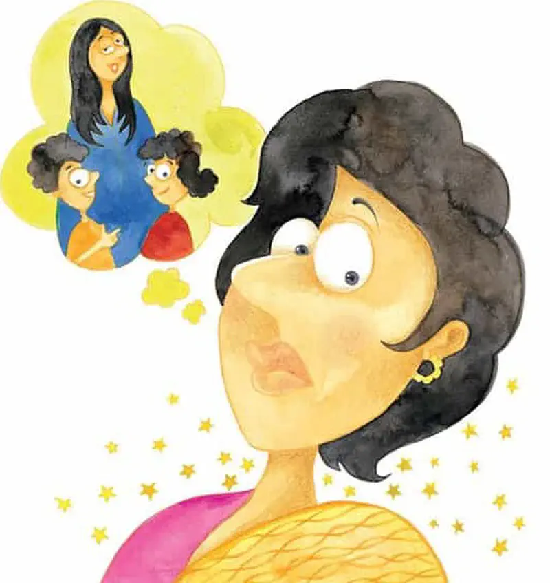 Woman in pink sari thinking about her family with mother and two children in thought bubble