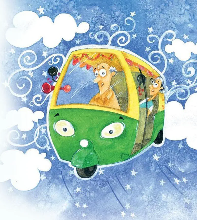 Green auto rickshaw flying through blue sky with clouds carrying driver and surprised passenger