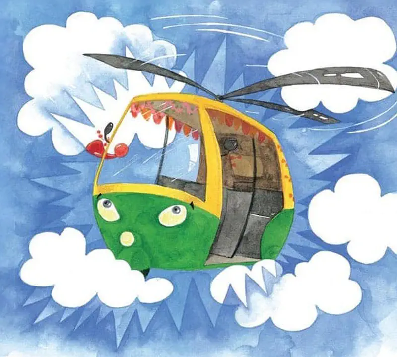 Green auto rickshaw transformed into helicopter flying through blue sky with spinning rotor blades
