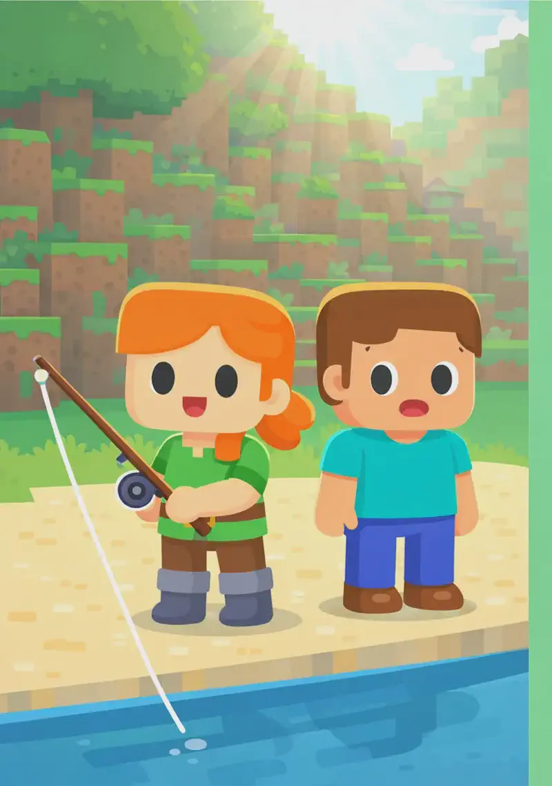 On the left side of the image, Alex and Steve stand together on a sandy riverbank overlooking water below. Alex stands holding a fishing rod, looking ready to fish, while Steve stands beside her with empty hands and a neutral, slightly uncertain expression — he has no rod or supplies. The scene is set outdoors during daytime, with sunlight streaming down through a tall hillside of earth and stone behind them, and patches of grass visible along the terrain. The right ~40% of the image is plain green background suitable for text overlay.