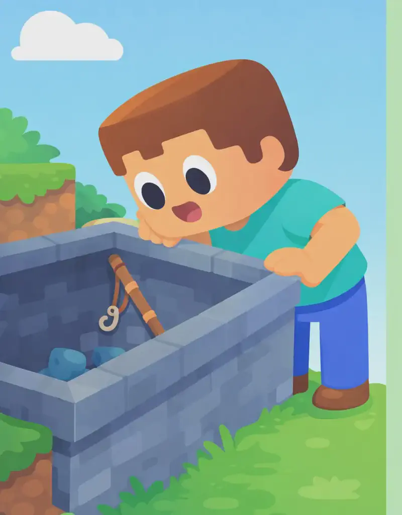 On the left side of the image, Steve stands beside a stone bin structure, leaning forward and peering inside with an eager, curious expression. Inside the bin, an old fishing rod hangs on the wall among a few other items. The scene is set outdoors on a grassy hillside with dirt and grass blocks, under a bright daytime sky. The right ~40% of the image is plain mint-green background, clear for text overlay.