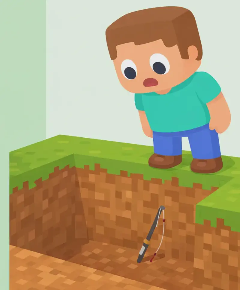 On the right side of the image, Steve stands at the edge of a large rectangular hole dug into blocky, Minecraft-style dirt and earth, looking down into it with a wary, cautious expression. A broken fishing rod is visible sticking up from the bottom of the hole. Green grass borders the top edges of the pit. The left side is plain mint-green background suitable for text overlay.
