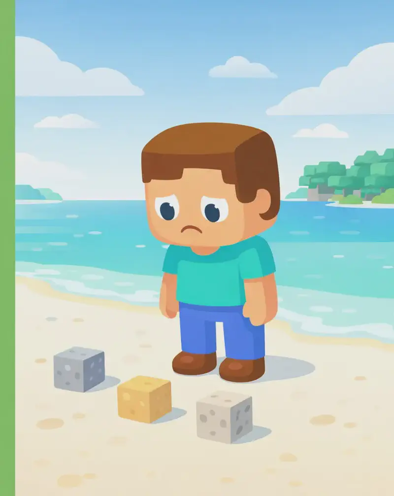 On the right side of the image, Steve stands on a bright sandy beach near the water's edge, looking down at a small scattered collection of block items on the ground — a few crafting materials including what appear to be stone, sand, and ore blocks. He has a neutral, slightly disappointed expression as he surveys the meager supplies. The scene is set outdoors on a sunny day with blue sky and clouds, with ocean water and distant tree-covered islands visible in the background. The left side of the image is plain green background, clear for text overlay.