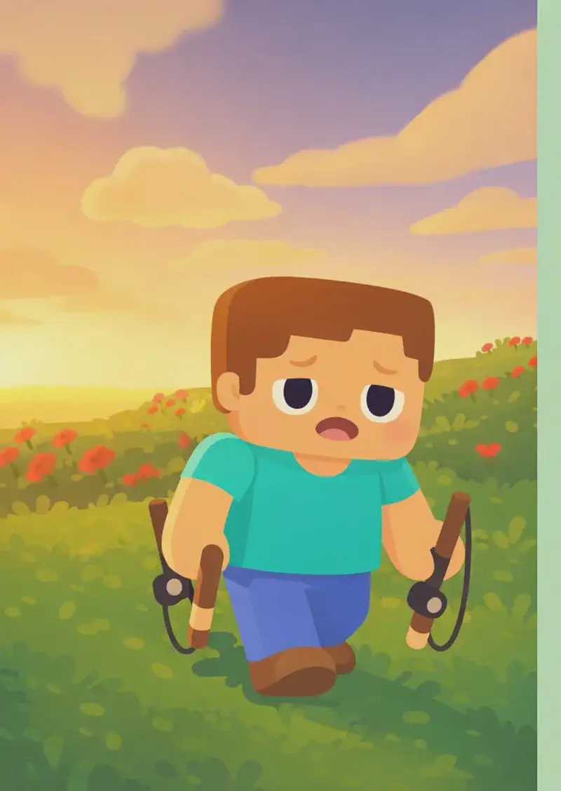 On the left side of the image, Steve is walking forward across a grassy field, holding a fishing rod in each hand at his sides, with a tired but determined expression. The scene is set outdoors during sunset, with warm golden light on the horizon and soft clouds in the sky, suggesting it will be night before long. Red flowers dot the green landscape behind him. The right ~40% of the image is plain mint-green background, clear for text overlay.