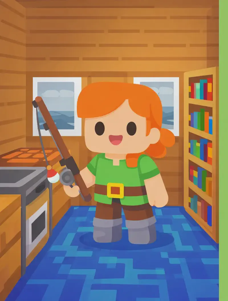 On the left side of the image, Alex stands inside a wooden cabin, holding a brand-new fishing rod in her hand with a proud, satisfied expression. The indoor scene features a cozy room with wooden plank walls and ceiling, bookshelves filled with colorful books along the back wall, windows looking out to a gray sky, and a crafting table or furnace to her left. The floor is a vibrant blue pattern. The right ~40% of the image is plain green background reserved for text.