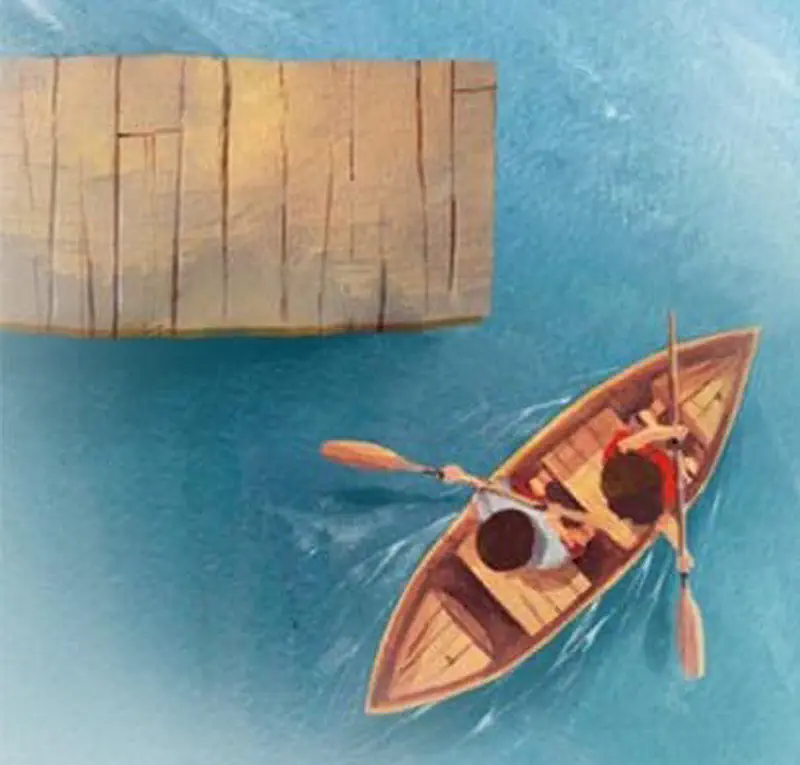 Overhead view of two boys rowing small wooden boat away from dock on blue water