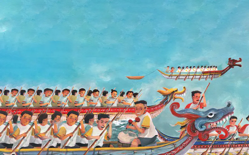 Multiple colorful dragon boats with rowing teams racing across blue lake water